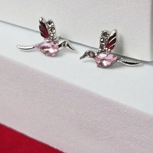 Dainty Pink Hummingbird Stud Earrings Silver Sparkly Bird Minimalist Jewelry NWT